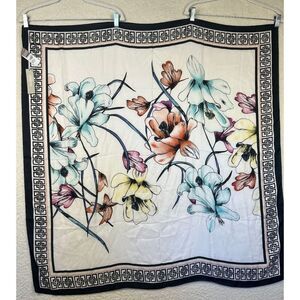 NEW Chico's Large 41" Square Magnolia Floral White Black Border Scarf One Size‎